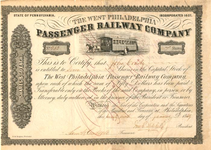 West Philadelphia Passenger Railway Co. - Stock Certificate